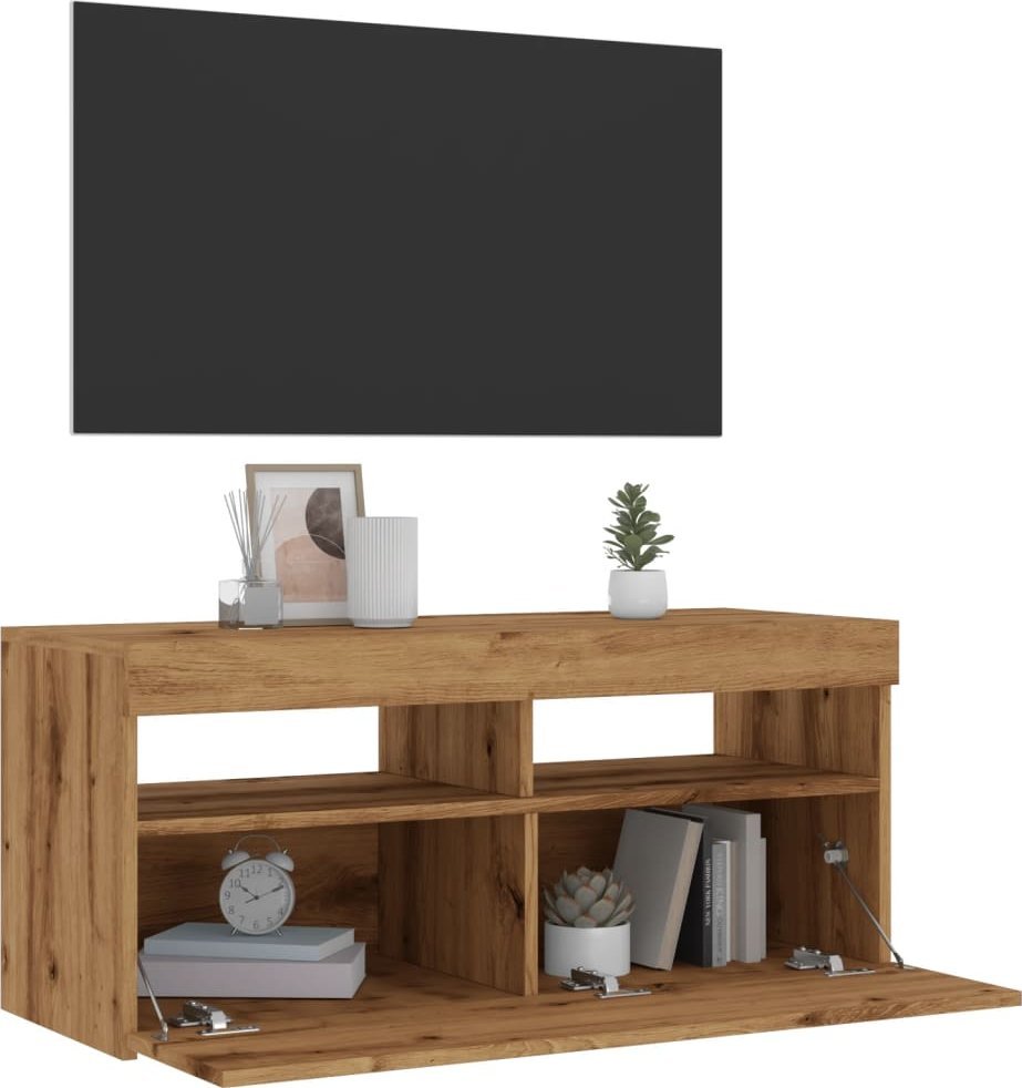 vidaXL Szafka pod TV z oświetleniem LED, dąb artisan, 90x35x40 cm
