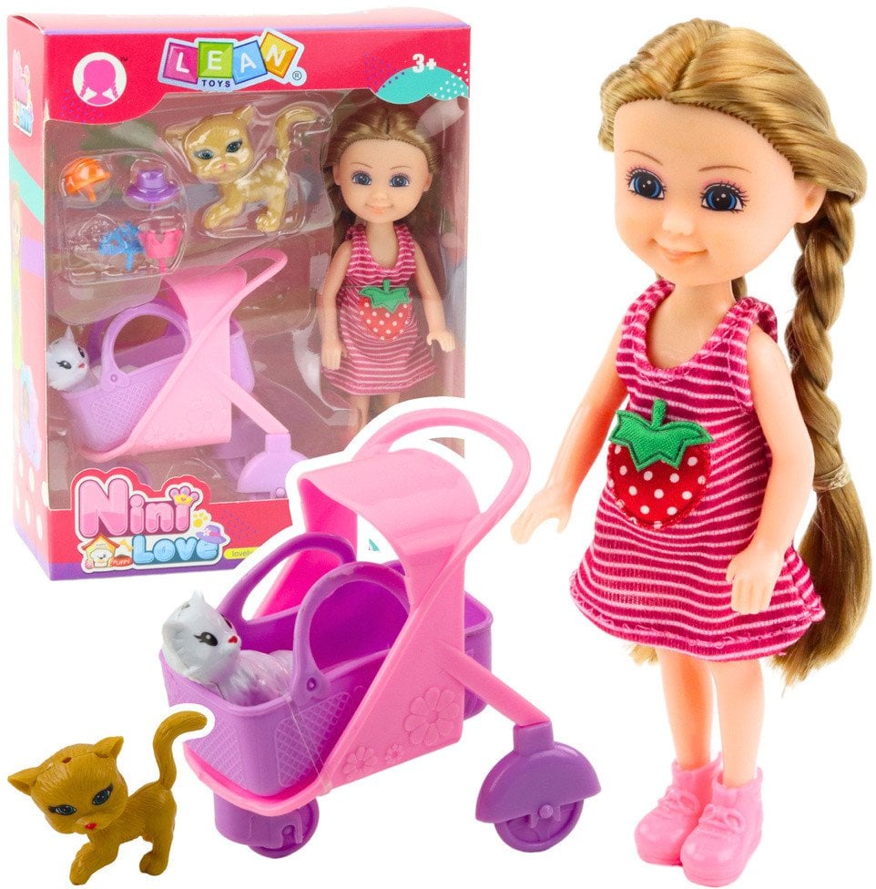 Mini Lalka Z Akcesoriami Wózek Kotki Zestaw Laleczka Różowa