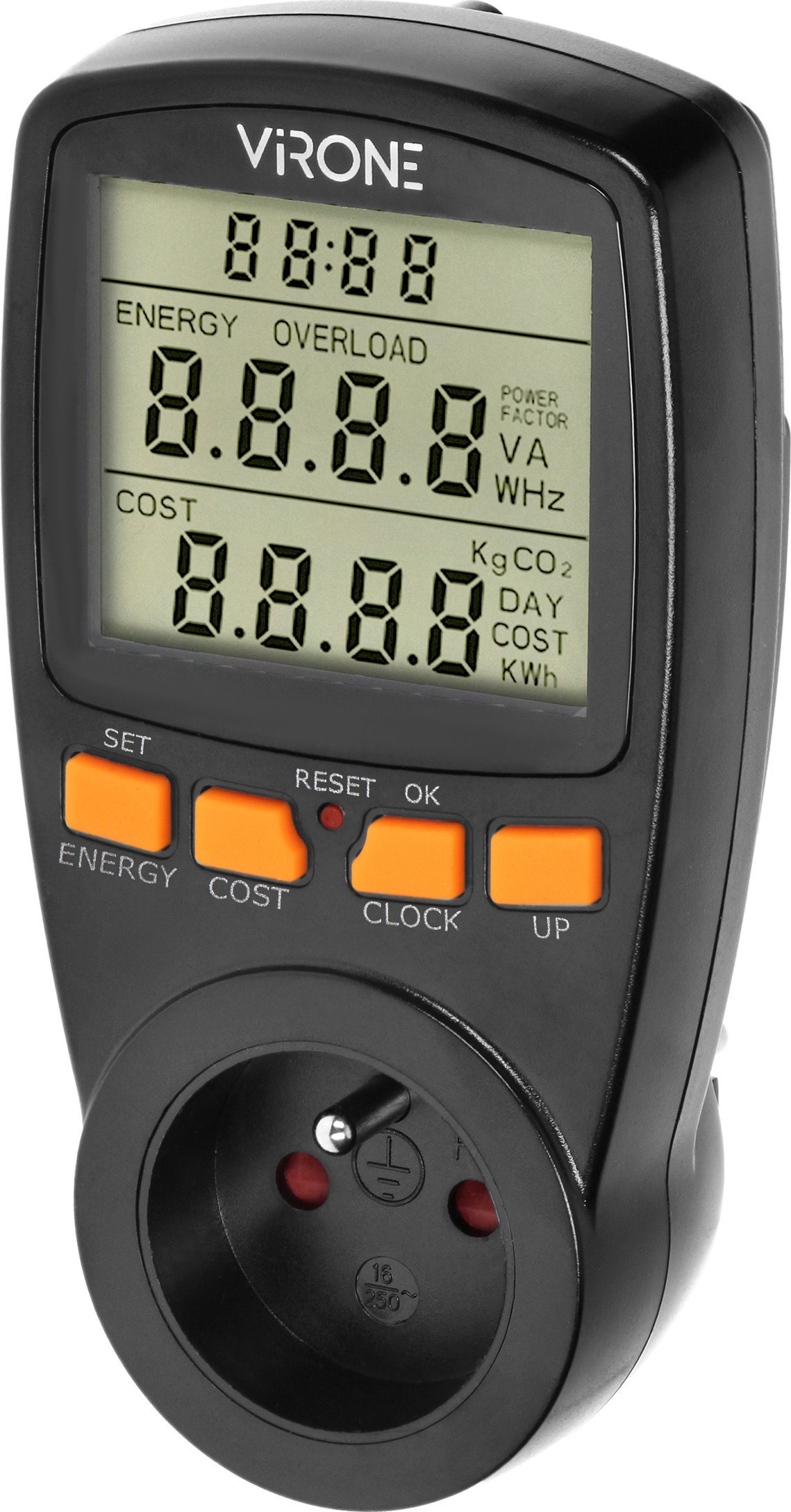 Orno Dwutaryfowy watomierz, kalkulator energii z wyświetlaczem LCD, 2 oddzielne taryfy, wewnętrzny akumulator, czarny