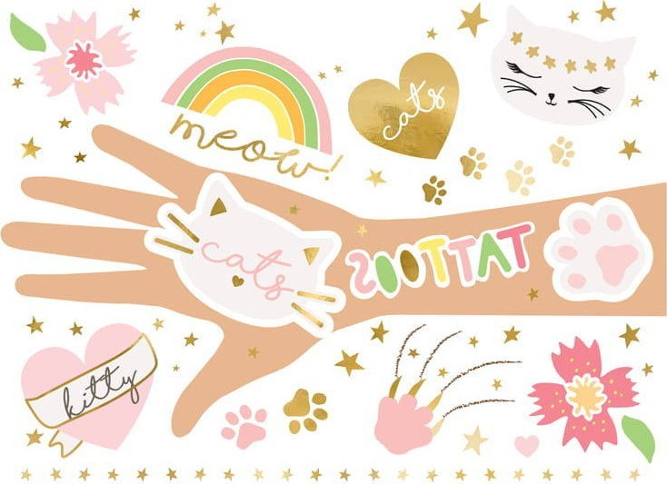 PartyDeco Tatuaże zmywalne Kotki, mix (1 op. / 12 szt.) one size