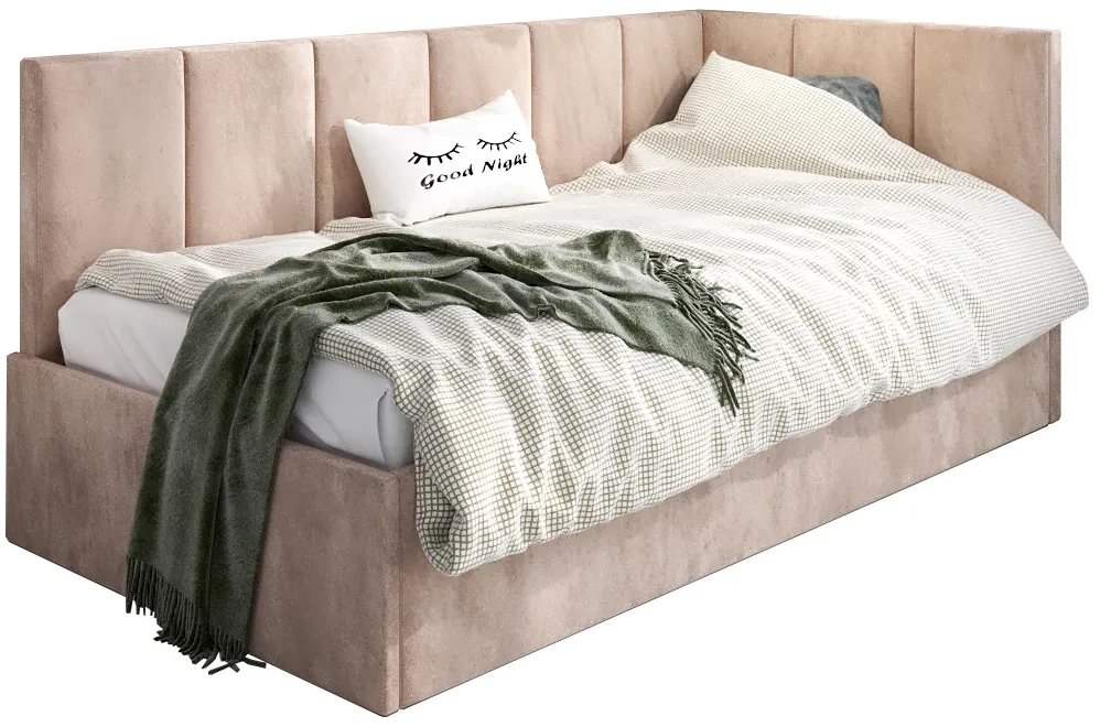 Łóżko młodzieżowe AURA 100x200 beżowe z tapicerowanym panelem L i pojemnikiem na pościel MKPOL