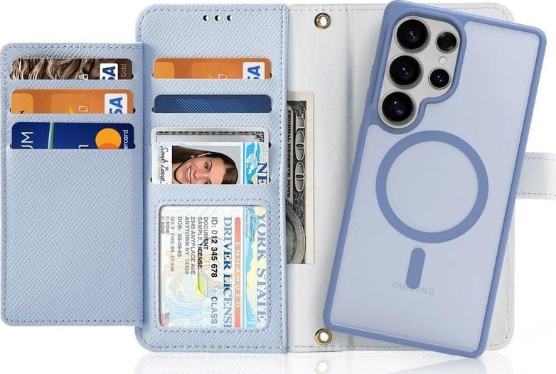 Etui skórzane Dux Ducis Lawa na Samsung Galaxy S25 Ultra z odłączanym portfelem magnetycznym - niebieskie