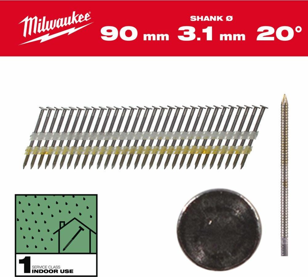 Milwaukee MILWAUKEE GWOŹDZIE 20° PIERŚCIENIOWE OKRĄGŁY ŁEB JASNY 90mm /1750szt. - M18 FFN21