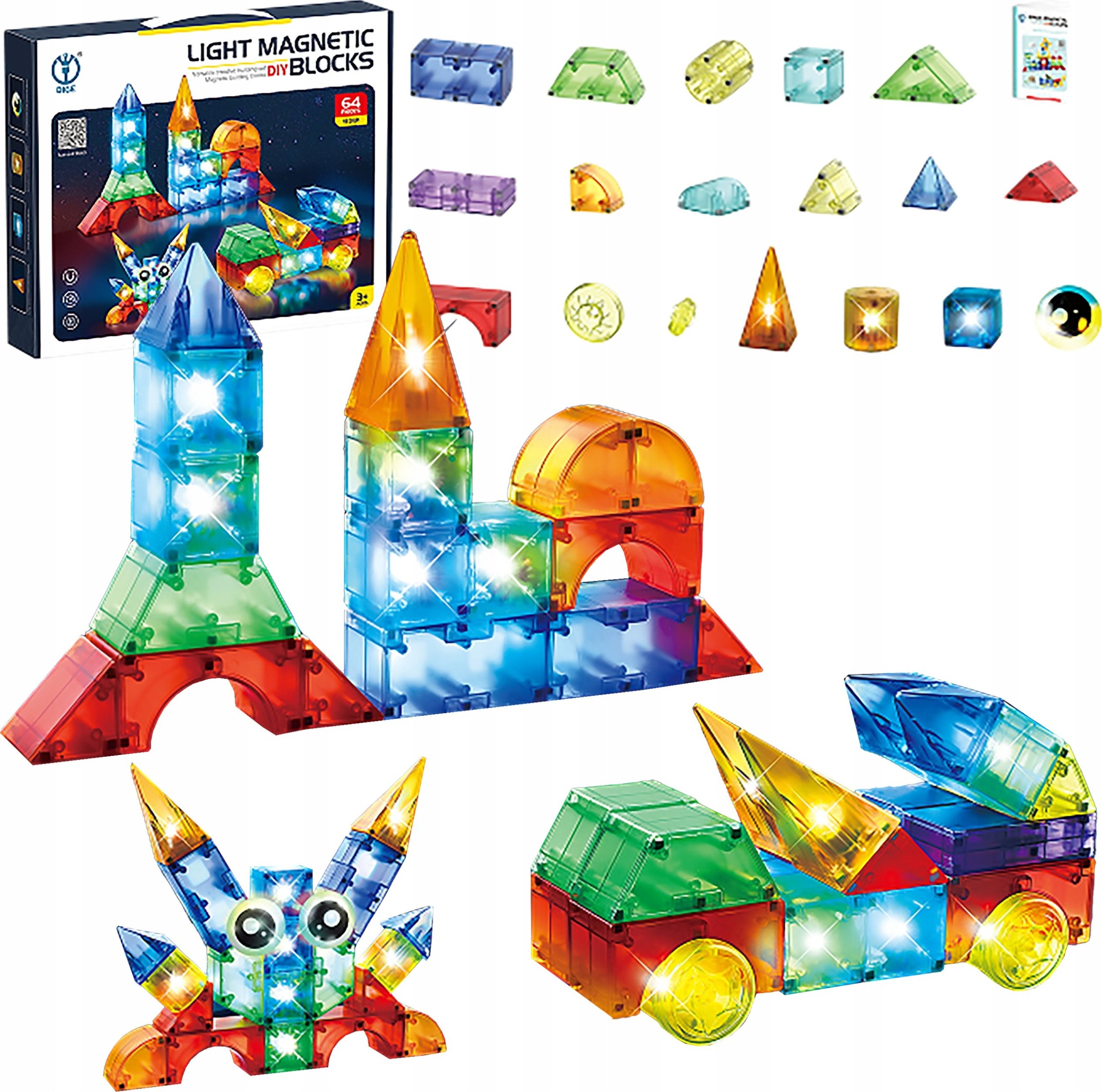 Klocki Magnetyczne, Konstrukcyjne, Świecące Elementy, Figury 3D 64 El.