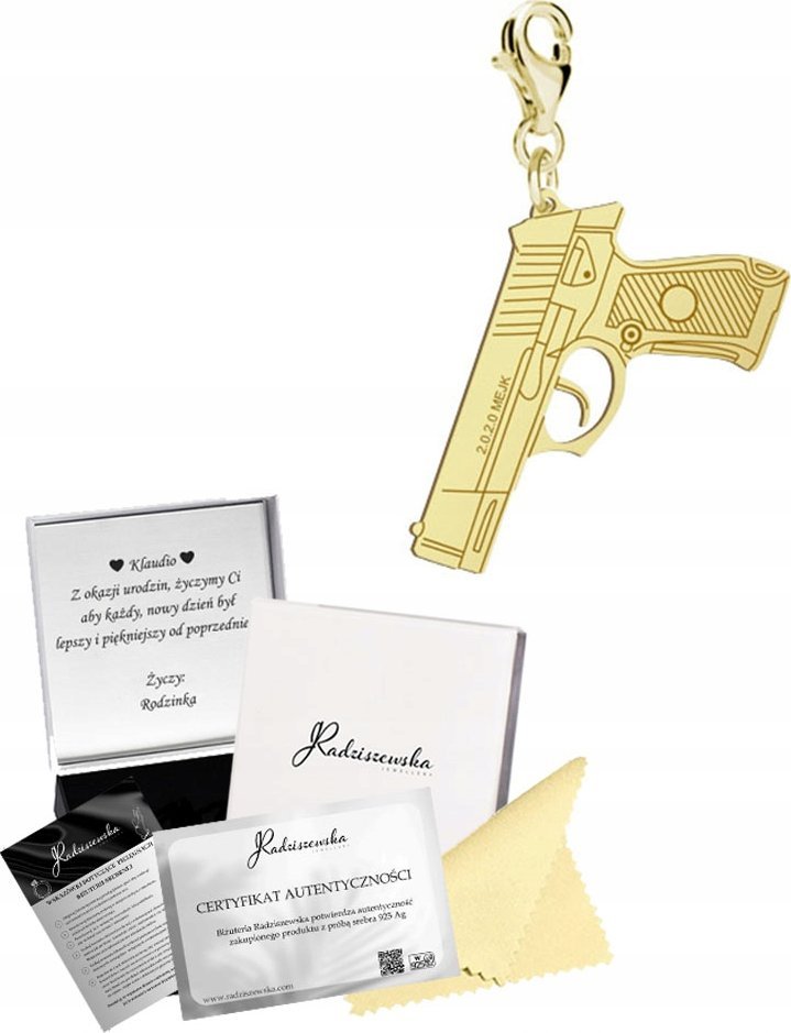 Radziszewska Jewellery Charms Złoty PISTOLET Karabińczyk SREBRO 925 Prezent DEDYKACJA GRATIS