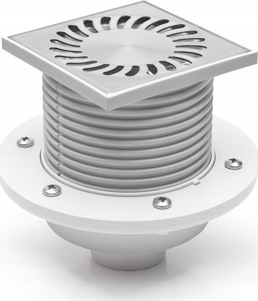 Chudej Dolny odpływ podłogowy D50 wys.102÷156 122x122 kratka stal nierdzewna z flanszą kwadratowa