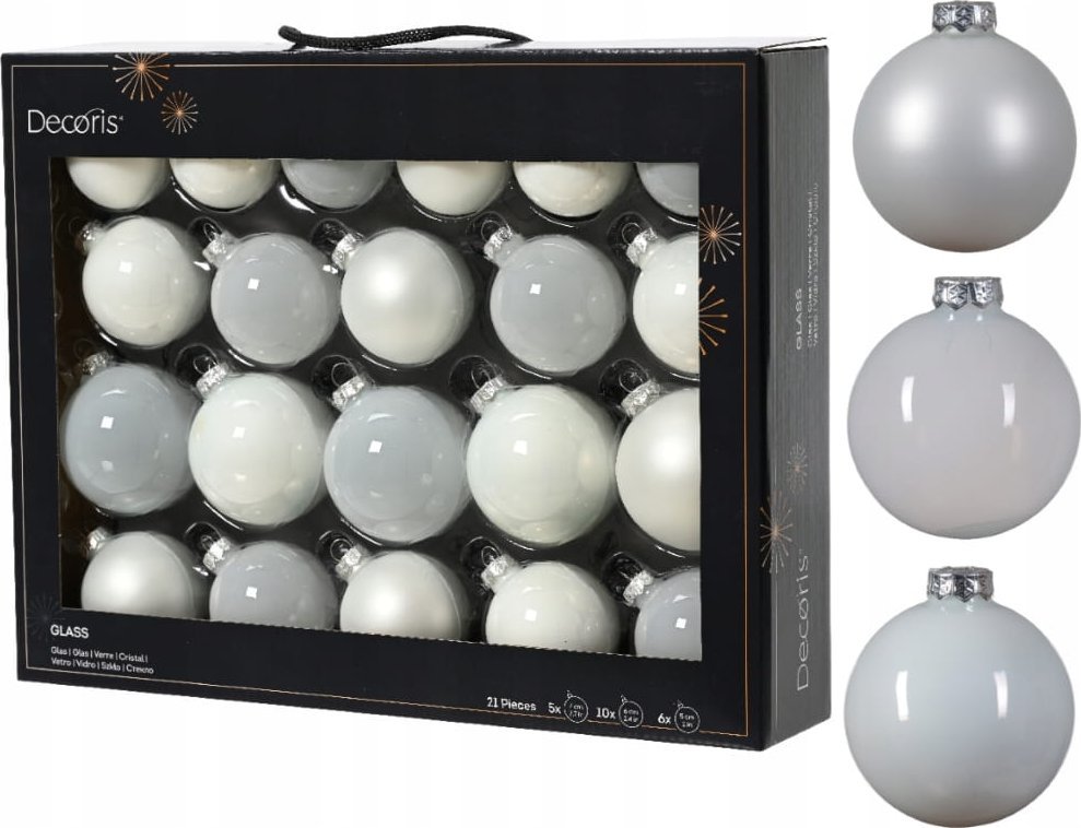 Kaemingk Zestaw 21 szklanych bombek choinkowych Perłowy mat błysk różne rozmiary