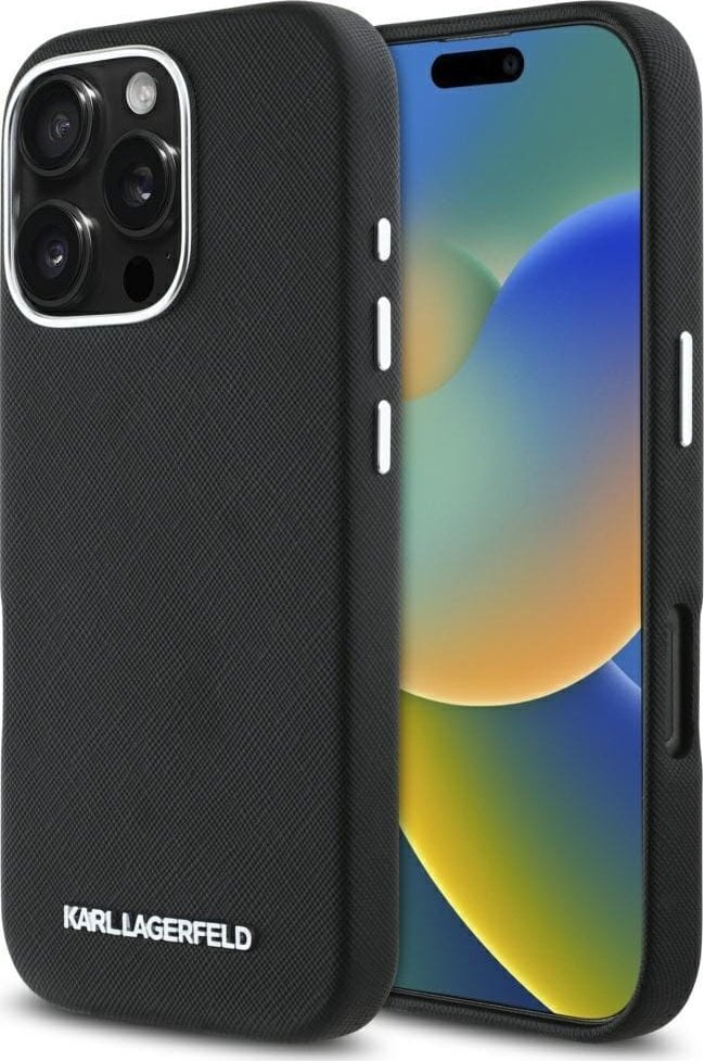 Karl Lagerfeld Saffiano Full Wrapped Elongated Metal Logo MagSafe Case for iPhone 16 Pro Black