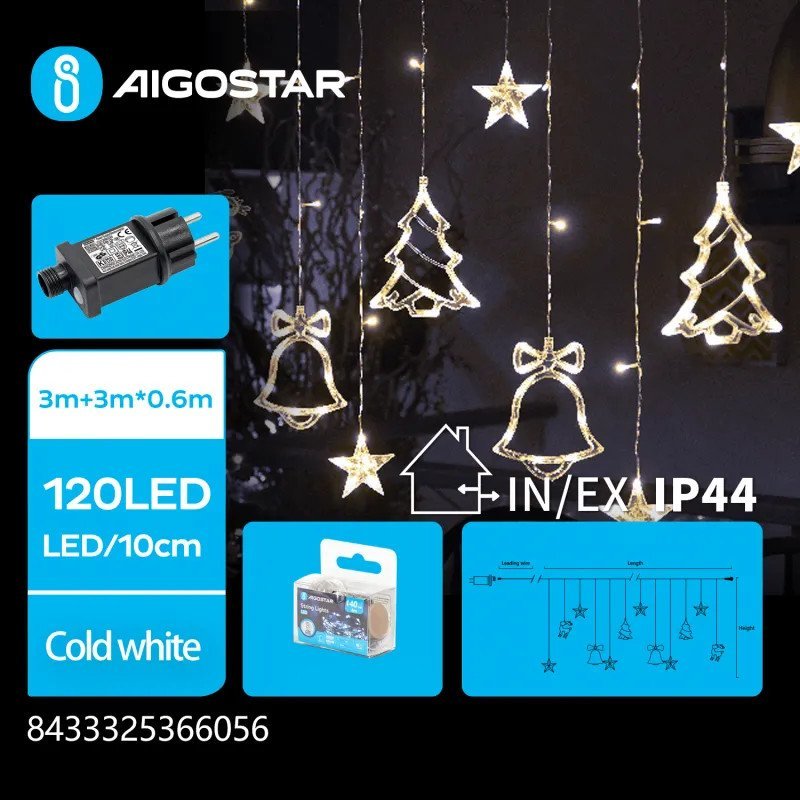 Dekoracja świąteczna Aigostar Niskonapięciowe lampki sople jelenie i dzwonki 120led zimne 3m Niskonapięciowe lampki sople jelenie i dzwonki 120led zi