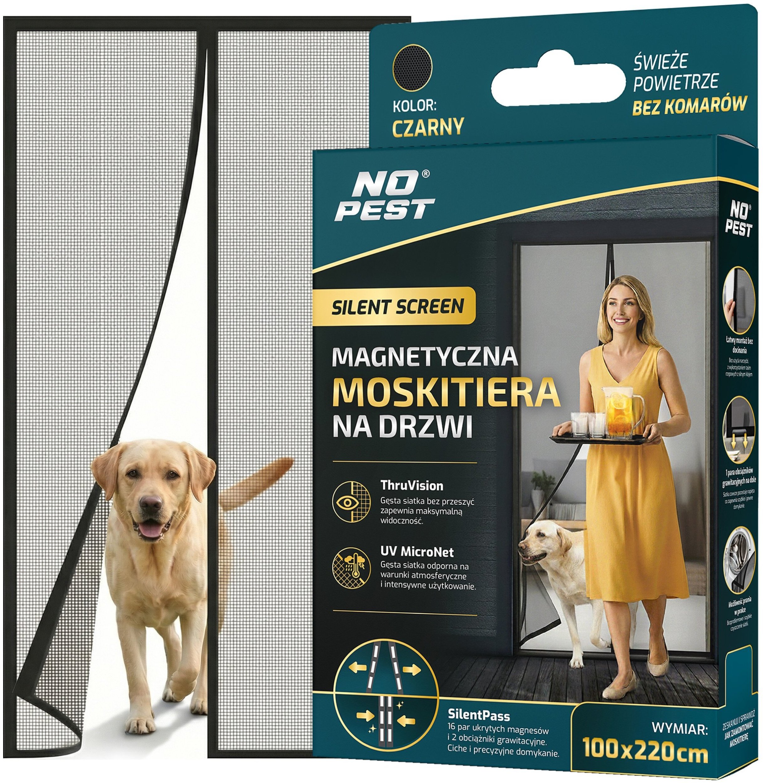 Moskitiera na Drzwi Balkonowe Magnetyczna Siatka na Komary Muchy Osy "Silent Screen" Czarna 220x100cm