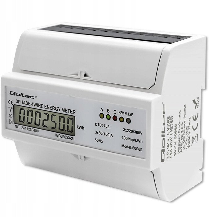 Qoltec 3-Fazowy dwukierunkowy elektroniczny licznik | miernik zużycia energii na szynę DIN | 400V | 100A | LCD | 4P