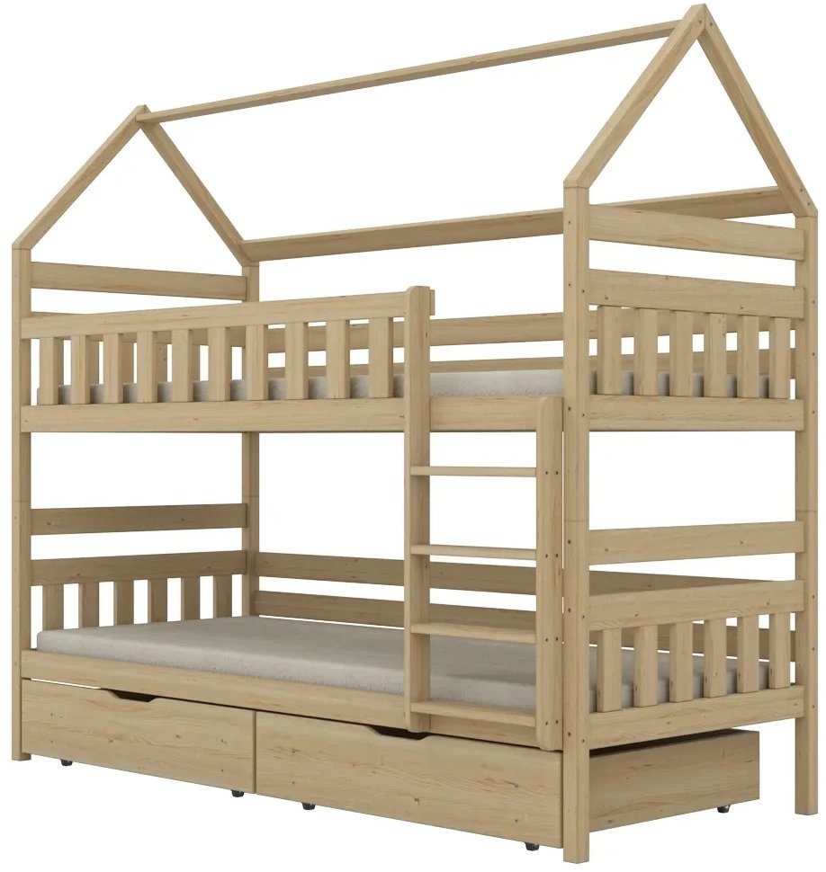 Łóżko piętrowe domek FELIKS 160x80 sosna lakierowana drewniane z szufladami KOCOT KIDS
