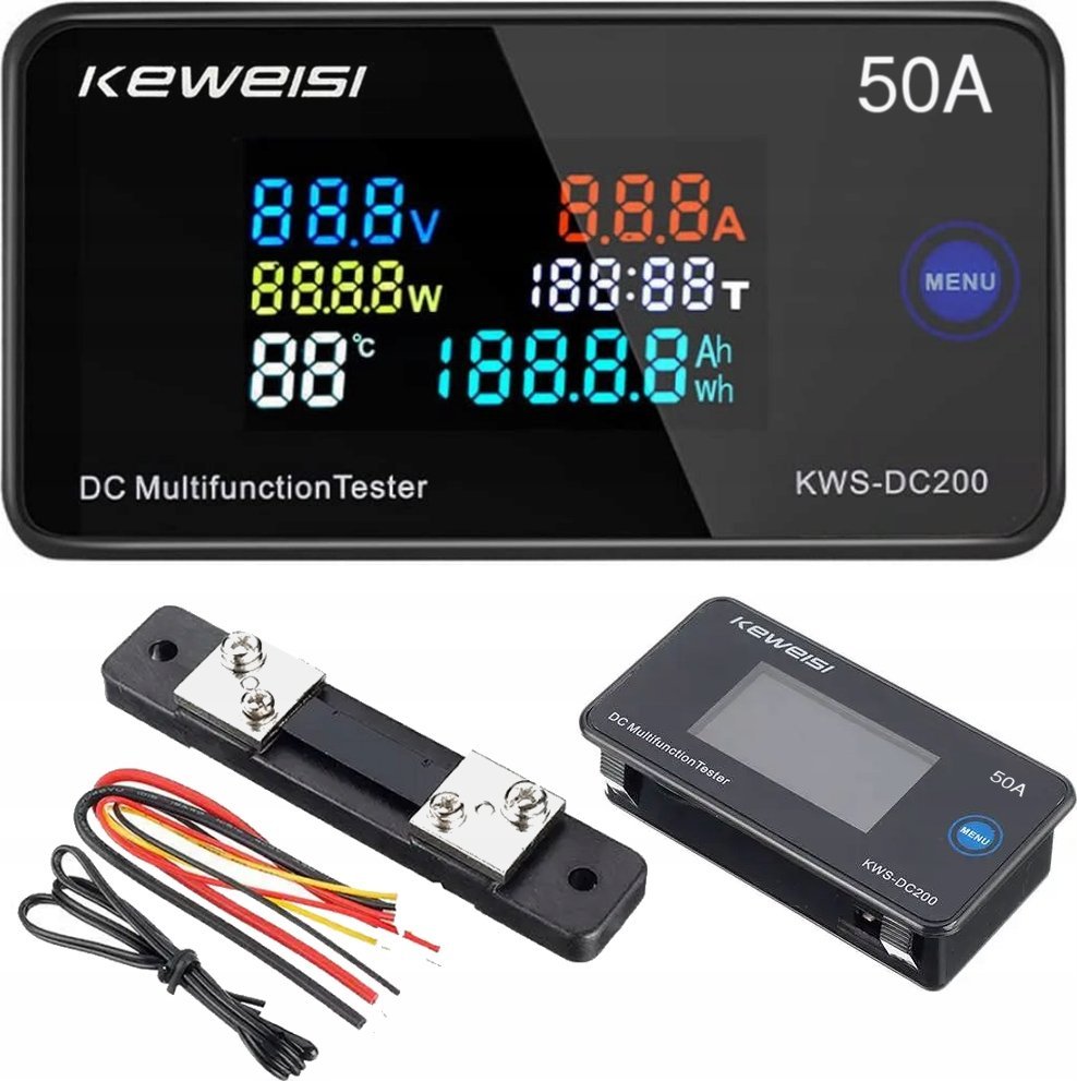 AMPEROMIERZ DC200V 50A WOLTOMIERZ Ah Wh TEMP. CZAS