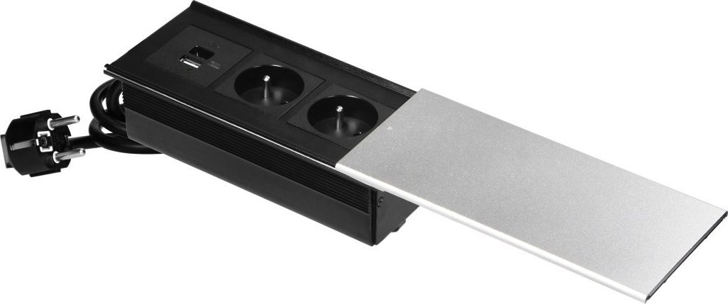 Gniazdo meblowe z przesuwną pokrywą, 2x2P+Z (French), USB A+C, srebrne