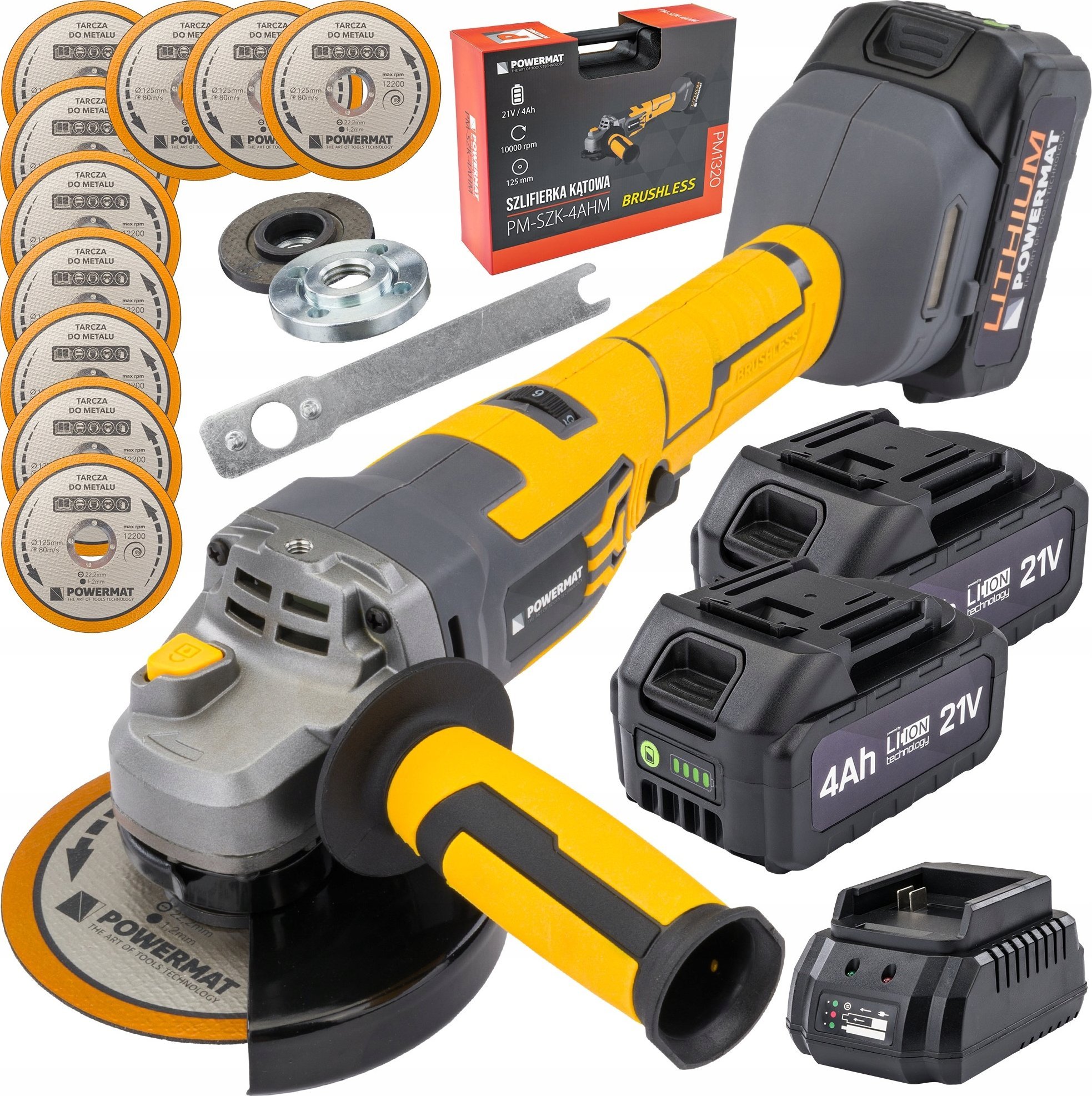 SZLIFIERKA KĄTOWA AKUMULATOROWA BEZSZCZOTKOWA 2 X AKU 4Ah KĄTÓWKA 10 TARCZ