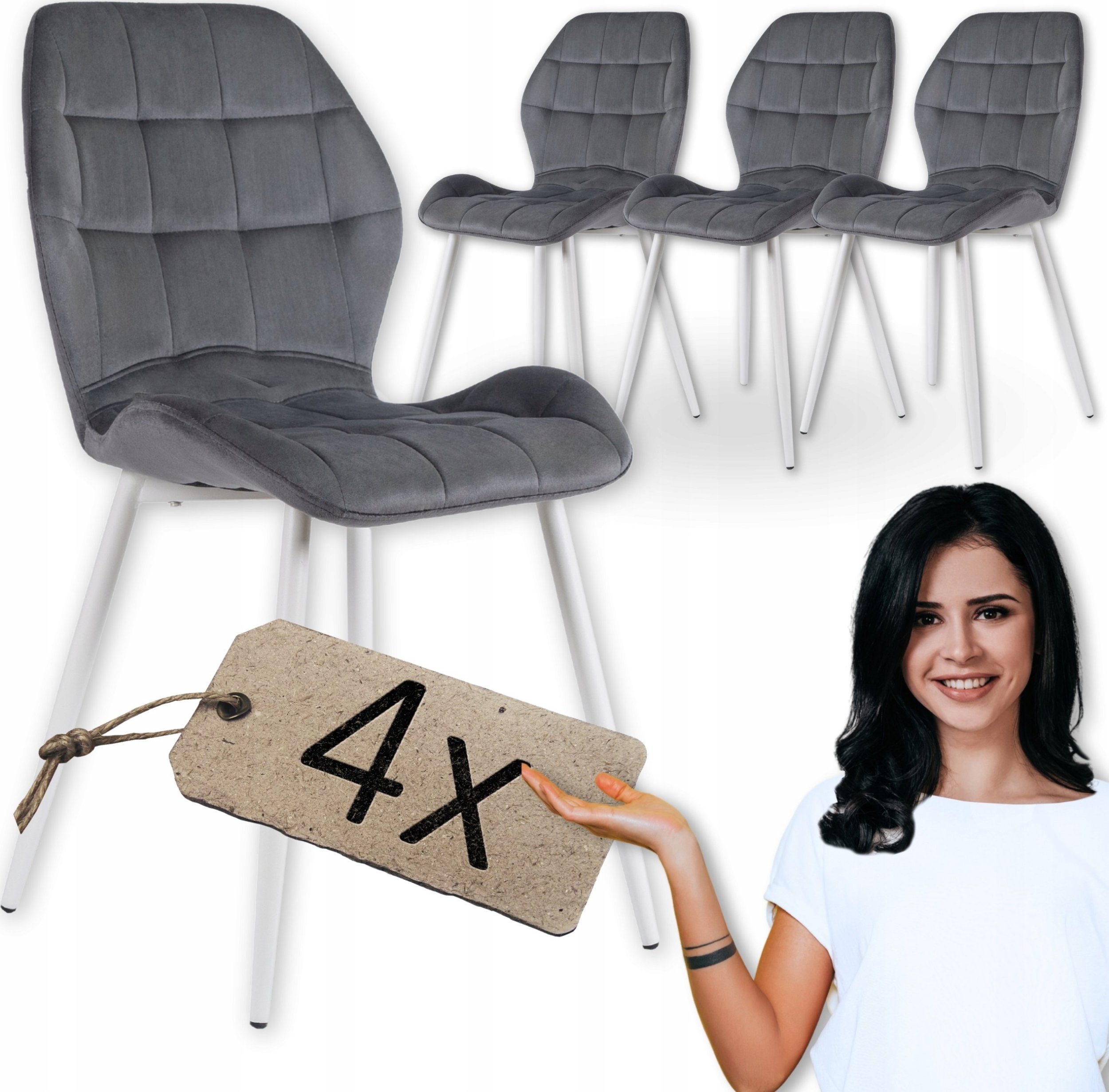 Zestaw 4x Krzesło Tapicerowane Welur Do Jadalni Salonu Szare Białe LUCKY