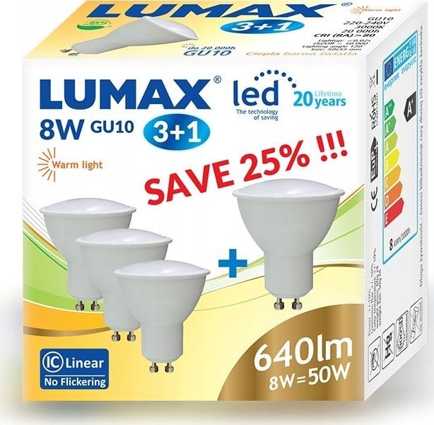 Lumax Zestaw żarówek LED Lumax LL325X4 8W GU10 MR16 3000K 650lm NW 830 105° SMD (4 sztuki)