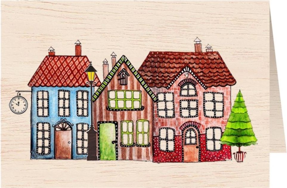 Cozywood Karnet drewniany C6 + koperta. Święta Domki