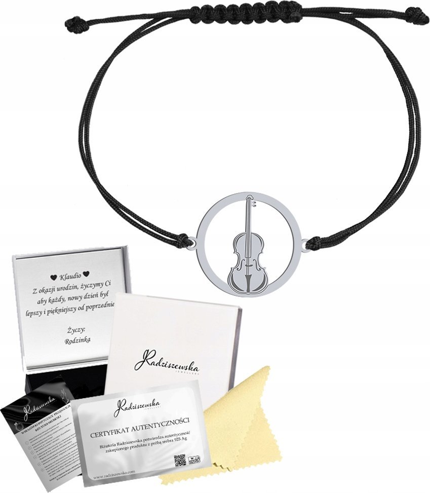 Radziszewska Jewellery Bransoletka Srebrna Skrzypce 925 Sznurek Prezent GRAWER DEDYKACJA GRATIS