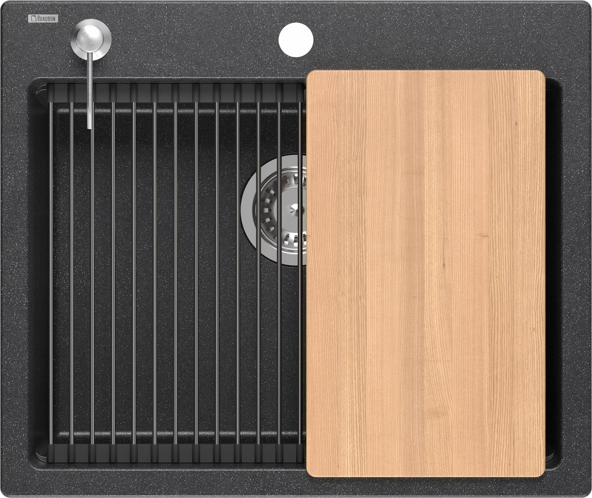 Zlewozmywak GraniteQ Quadron | KURT 110 | kuchenny zlewozmywak granitowy CZARNY kropkowany | wymiary: 59,5 x 50 x 21,5 cm | akcesoria: syfon, dozownik