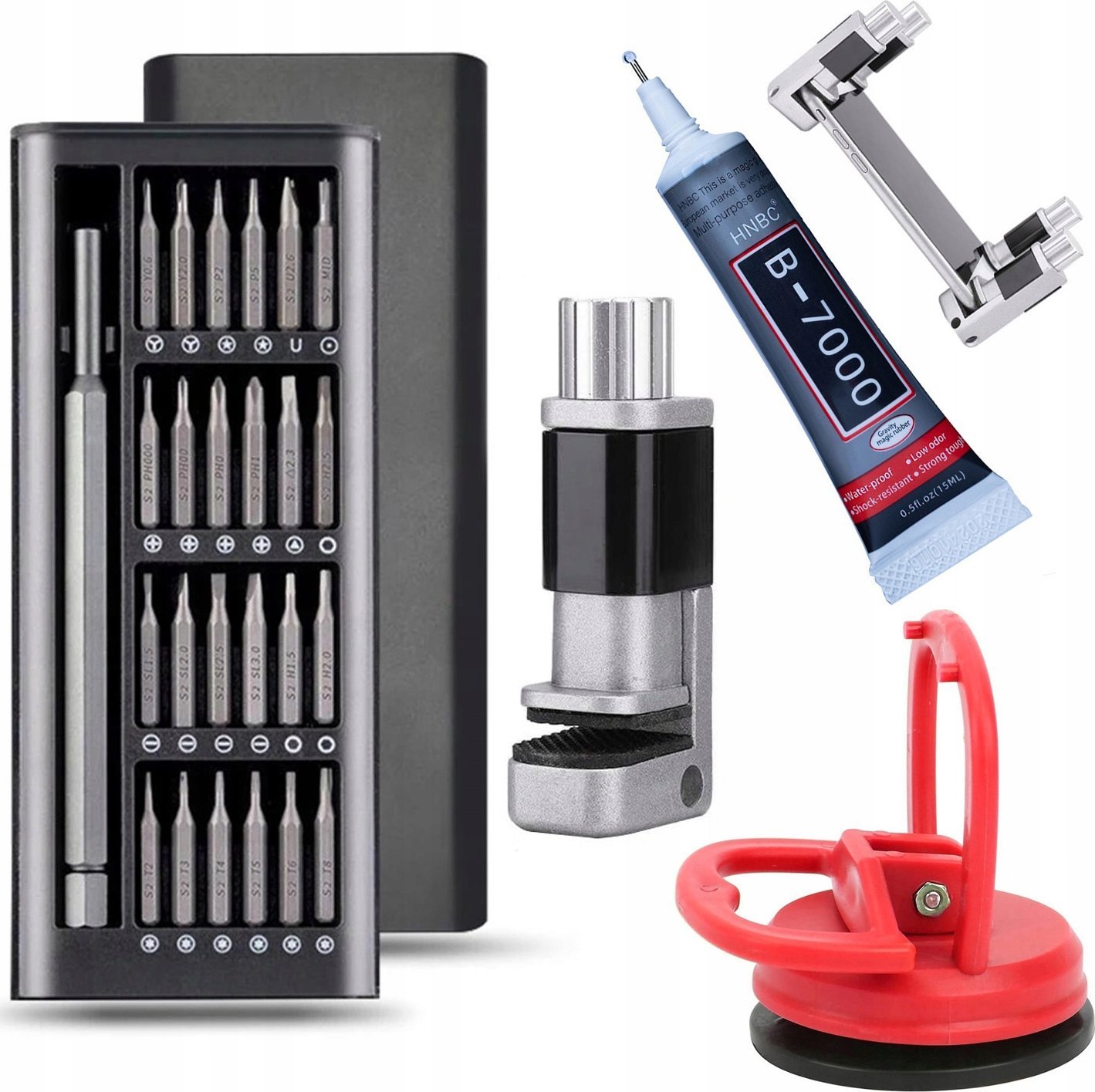 Rosfix Rosfix Imadełko do wyświetlaczy LCD + Zestaw precyzyjnych wkrętaków 25w1 w otwieranym etui + Klej B7000 + Przyssawka do wyświetlaczy LCD 55mm