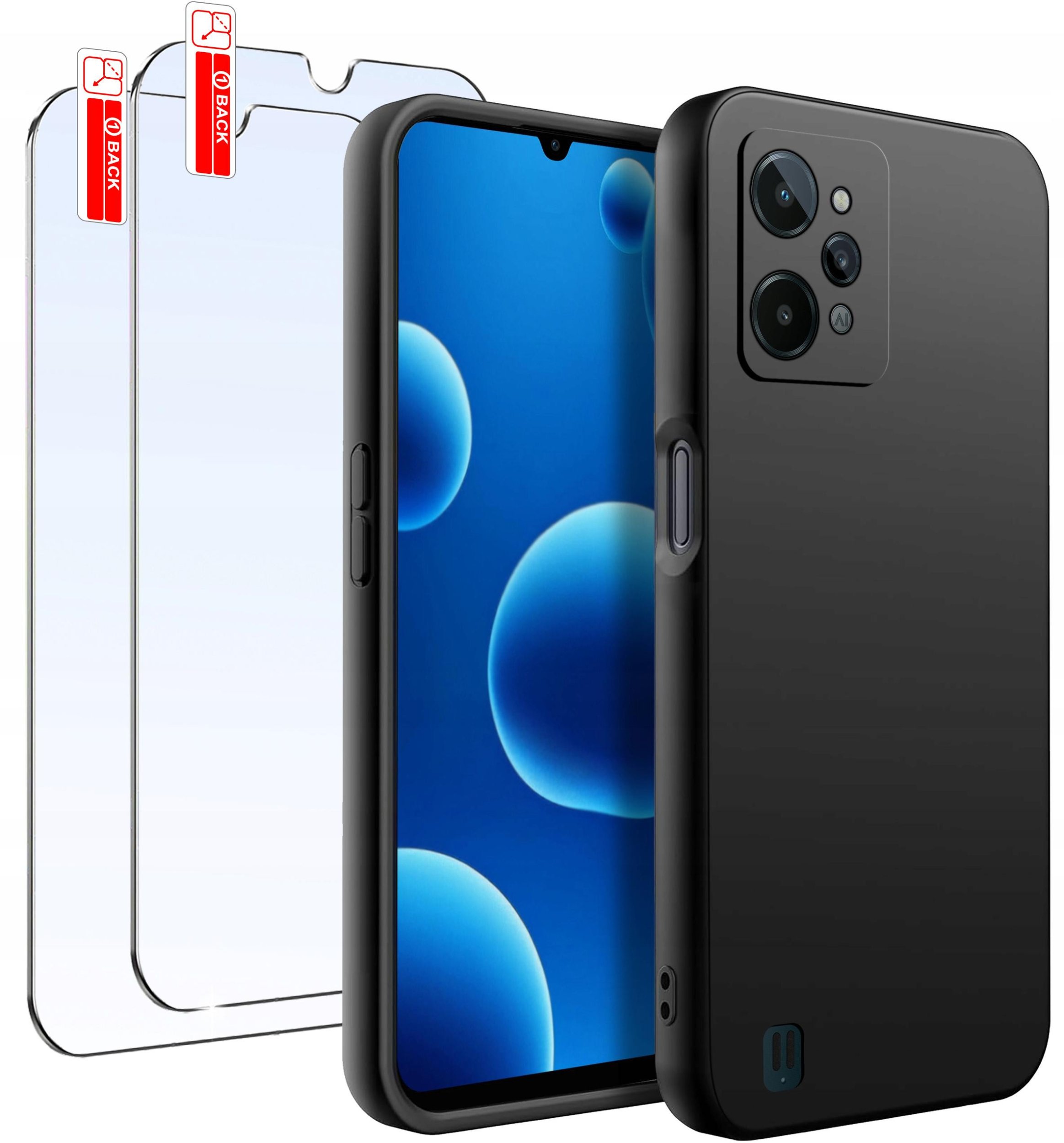 ZESTAW Etui do Realme C31 | Matowe Czarne Silikon Slim +2 SZTUKI SZKŁO