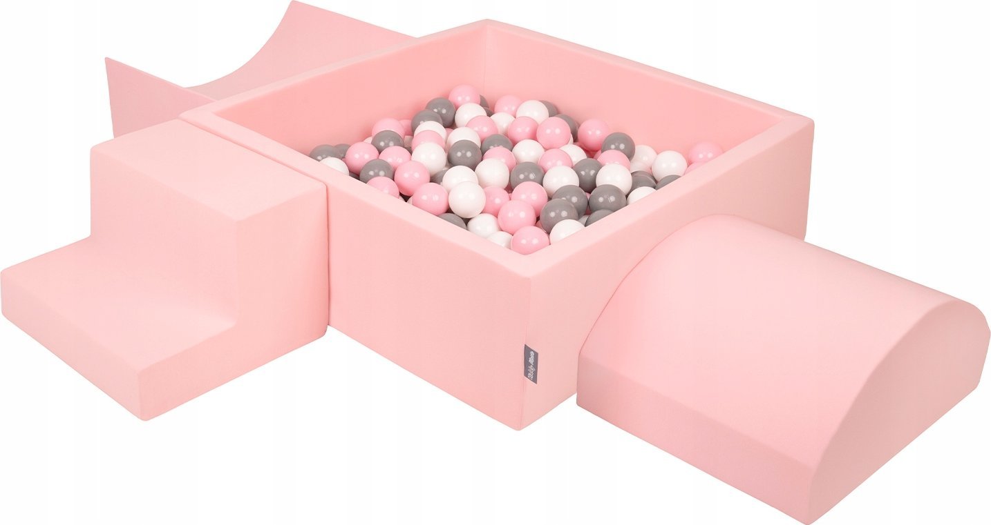 KiddyMoon Piankowy plac zabaw PPZP-KW30D-134 z piłeczkami różowy: biały-szary-pudrowy róż basen 300/rampa L/półwałek L/schodek Zabawka plac zabaw