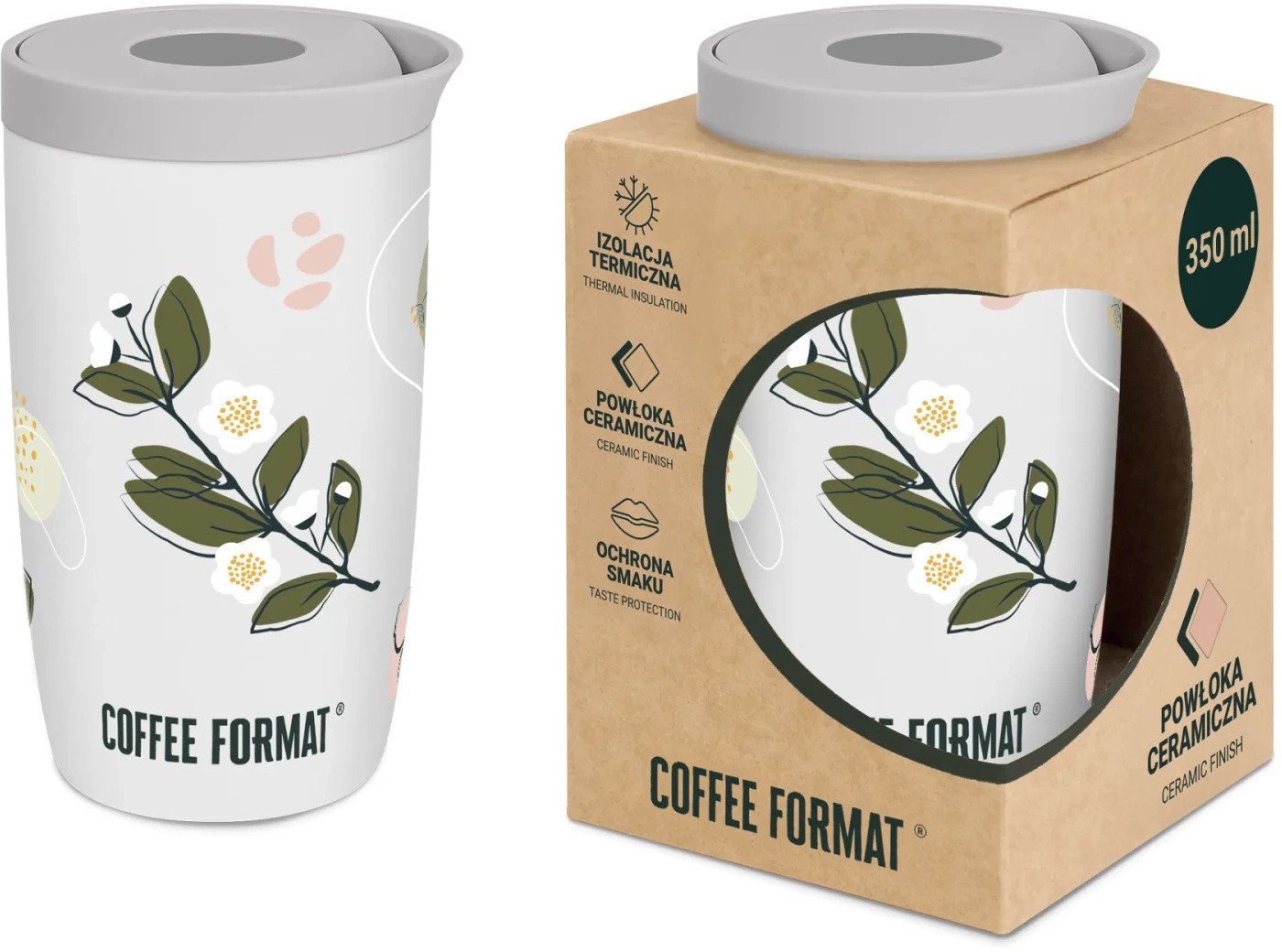 Coffee Format Biały kubek termiczny z motywem roślin i kwiatów 350 ml