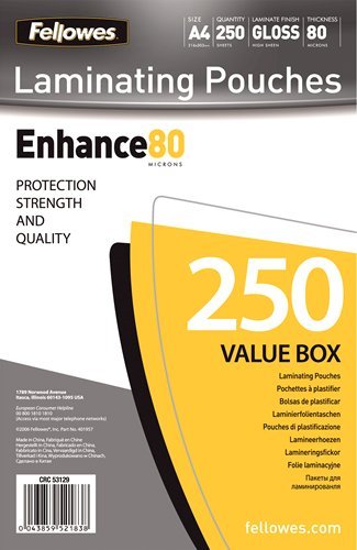 Fellowes Fellowes A4 Glossy 80 Micron Laminating Pouch - 250-pack - 5312903
