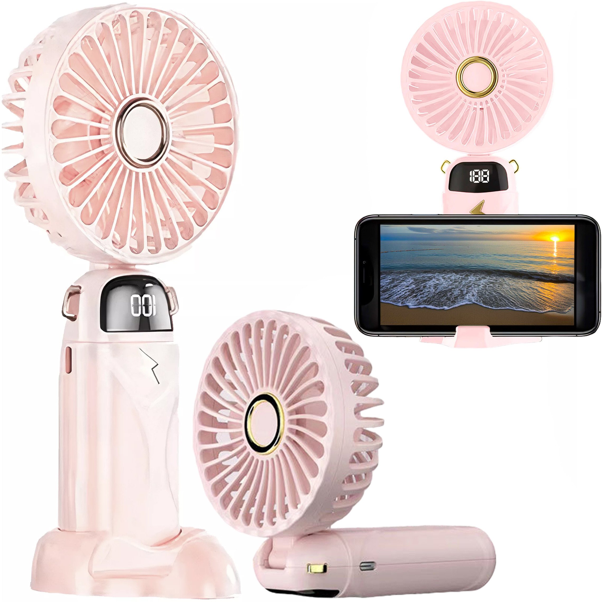 Wentylator Alogy Wentylator wiatrak wiatraczek ręczny biurkowy bezprzewodowy przenośny do ręki z uchwytem różowy