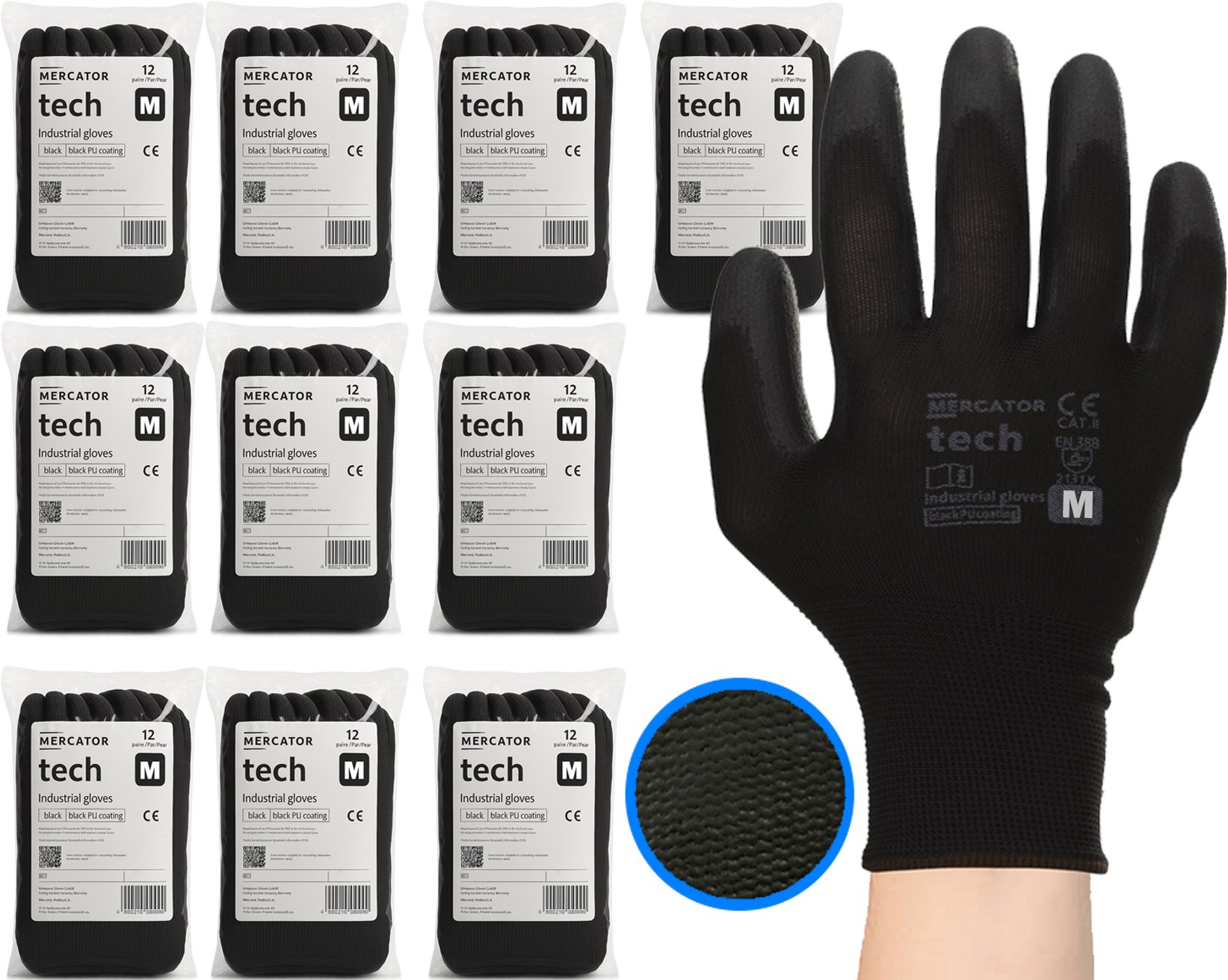 Rękawice Robocze MERCATOR Tech Black+Black PU - 120 Par (8 - M)