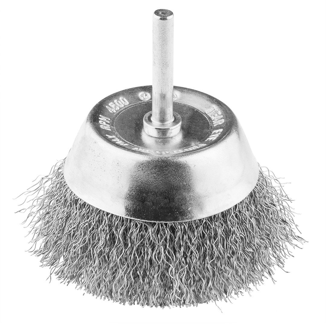 Szczotka druciana doczołowa 50 mm, drut karbowany, INOX, z trzpieniem 6 mm