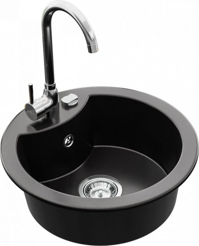 Zlewozmywak Mexen Diego granitowy 1-komorowy z baterią kuchenną Telma, czarny - 6512-77-670200-00