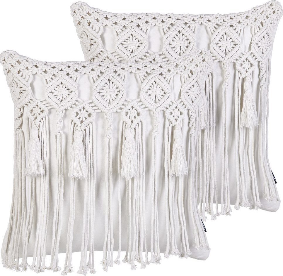 Beliani Zestaw 2 poduszek dekoracyjnych makrama 45 x 45 cm biały BAMIAN