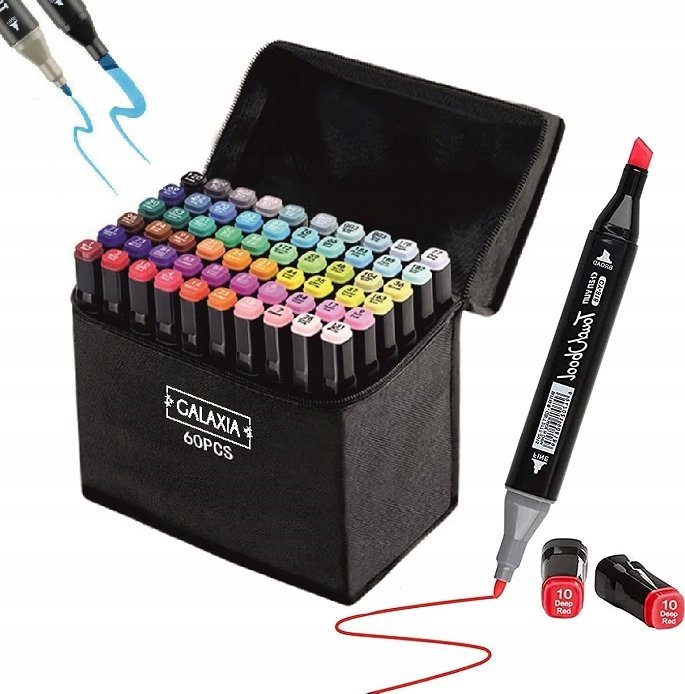 GALAXIA MARKERY ALKOHOLOWE 60 SZT Flamastry Mazaki Pisaki Dwustronne Pro + TORBA
