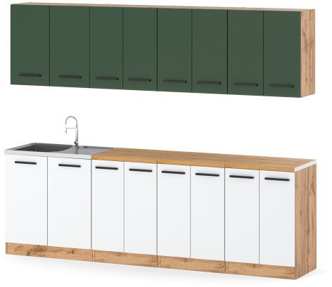 Kuchnia Z Blatem Duża Modułowa Vero 2.6m Wotan Butelkowa Zieleń Biała Mat