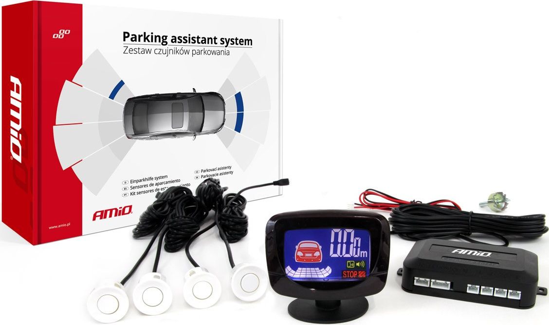 AMiO Zestaw czujników parkowania cofania led-graf 4 sensory białe