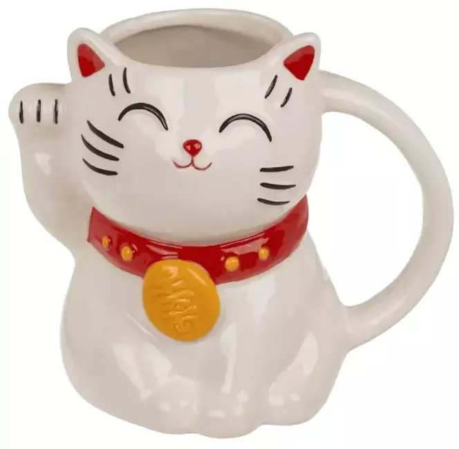 Biały Kubek Szczęśliwy Kot - Kot Szczęścia 500 ml - Motyw japońskiego kota Maneki-neko