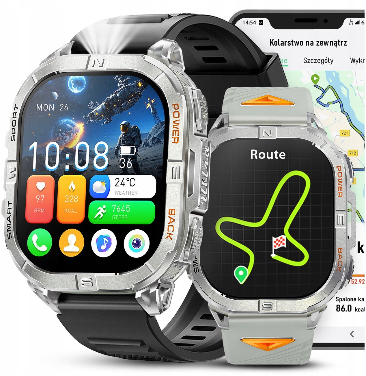 SMARTWATCH MĘSKI z GPS KOMPAS WODOODPORNY ROZMOWY MENU PL AMOLED 580mAh