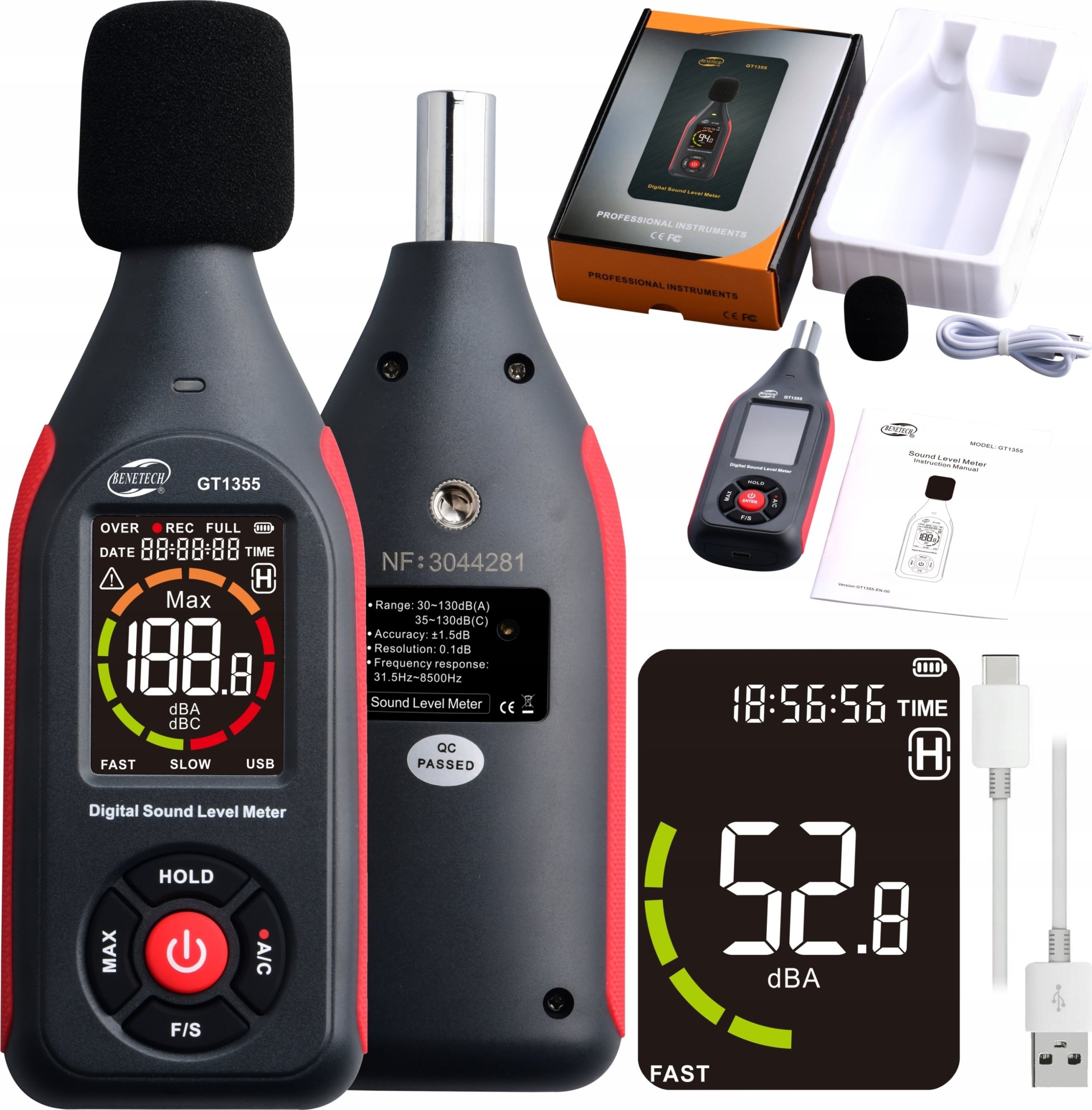 SONOMETR DECYBELOMIERZ MIERNIK NATĘŻENIA DŹWIĘKU GŁOŚNOŚCI 30-130dB LCD PC