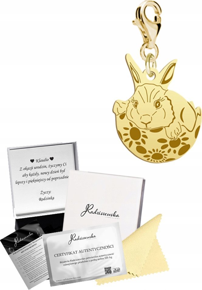 Radziszewska Jewellery Charms Złoty Zajączek Wielkanocny SREBRO 925 Prezent DEDYKACJA GRATIS