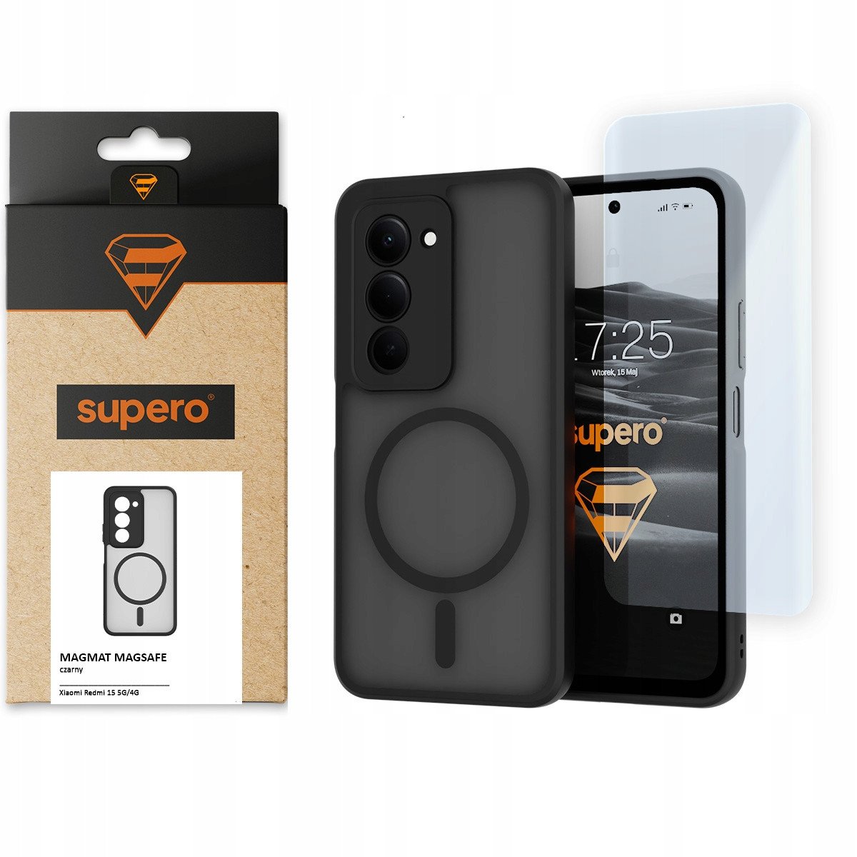 Etui matowe Supero Magmat MagSafe do Xiaomi Redmi 15 5G/4G, czarne + szkło