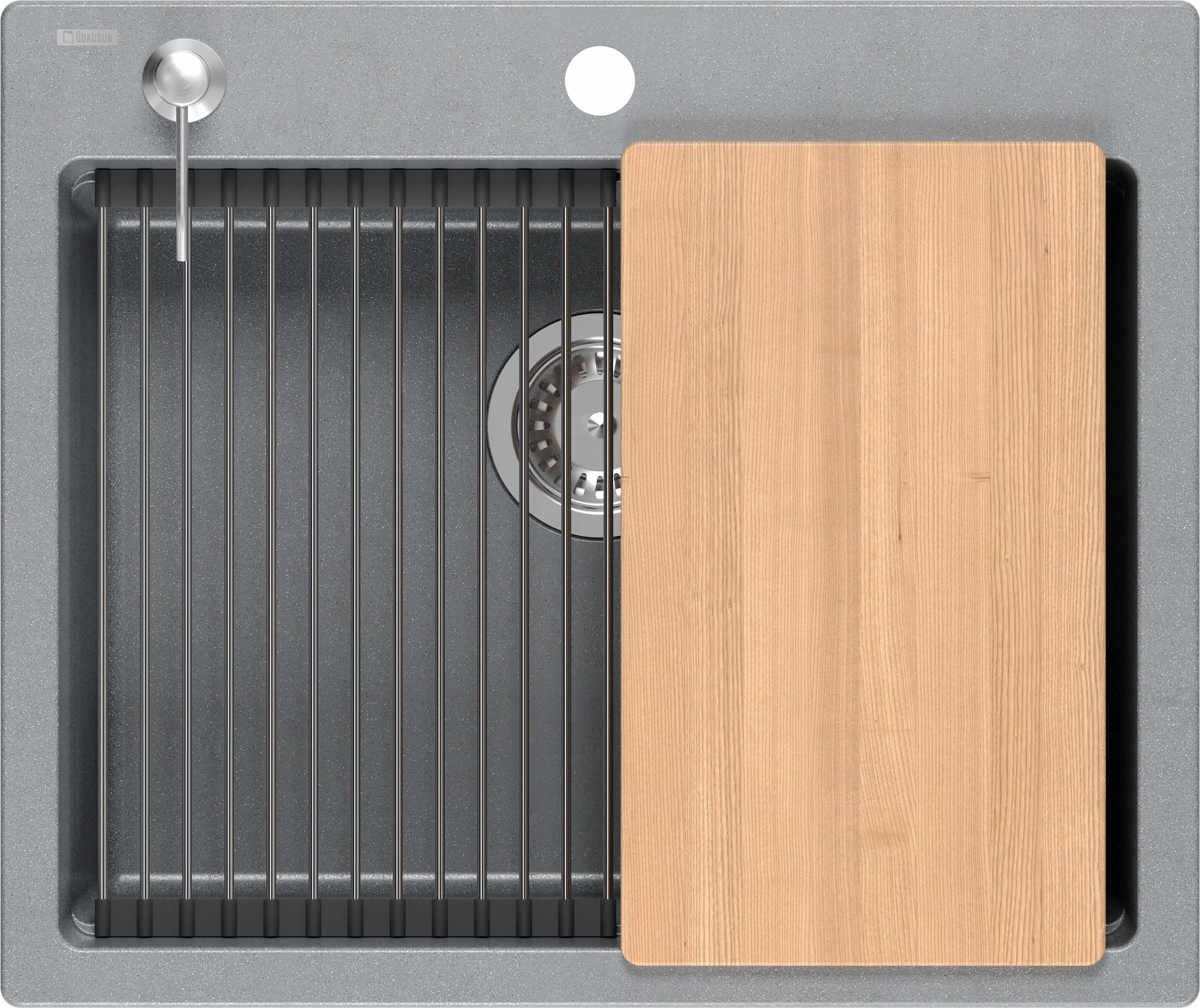 Zlewozmywak GraniteQ Quadron | KURT 110 | kuchenny zlewozmywak granitowy SZARY | wymiary: 59,5 x 50 x 21,5 cm | akcesoria: syfon, dozownik, deska, Qma