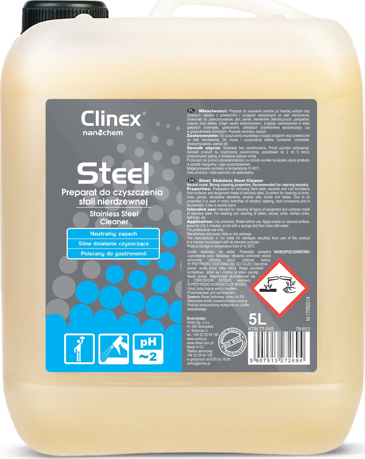 Clinex Płyn do mycia mebli i urządzeń ze stali nierdzewnej CLINEX Gastro Steel 5L Płyn do mycia mebli i urządzeń ze stali nierdzewnej CLINEX Gastro St