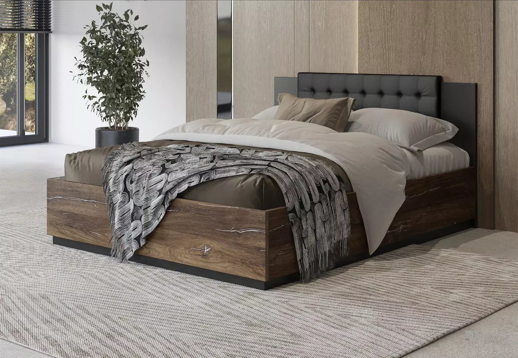 Łóżko SIGMA 140x200 dąb flagstaff srebrny/czarny mat z pojemnikiem HELVETIA