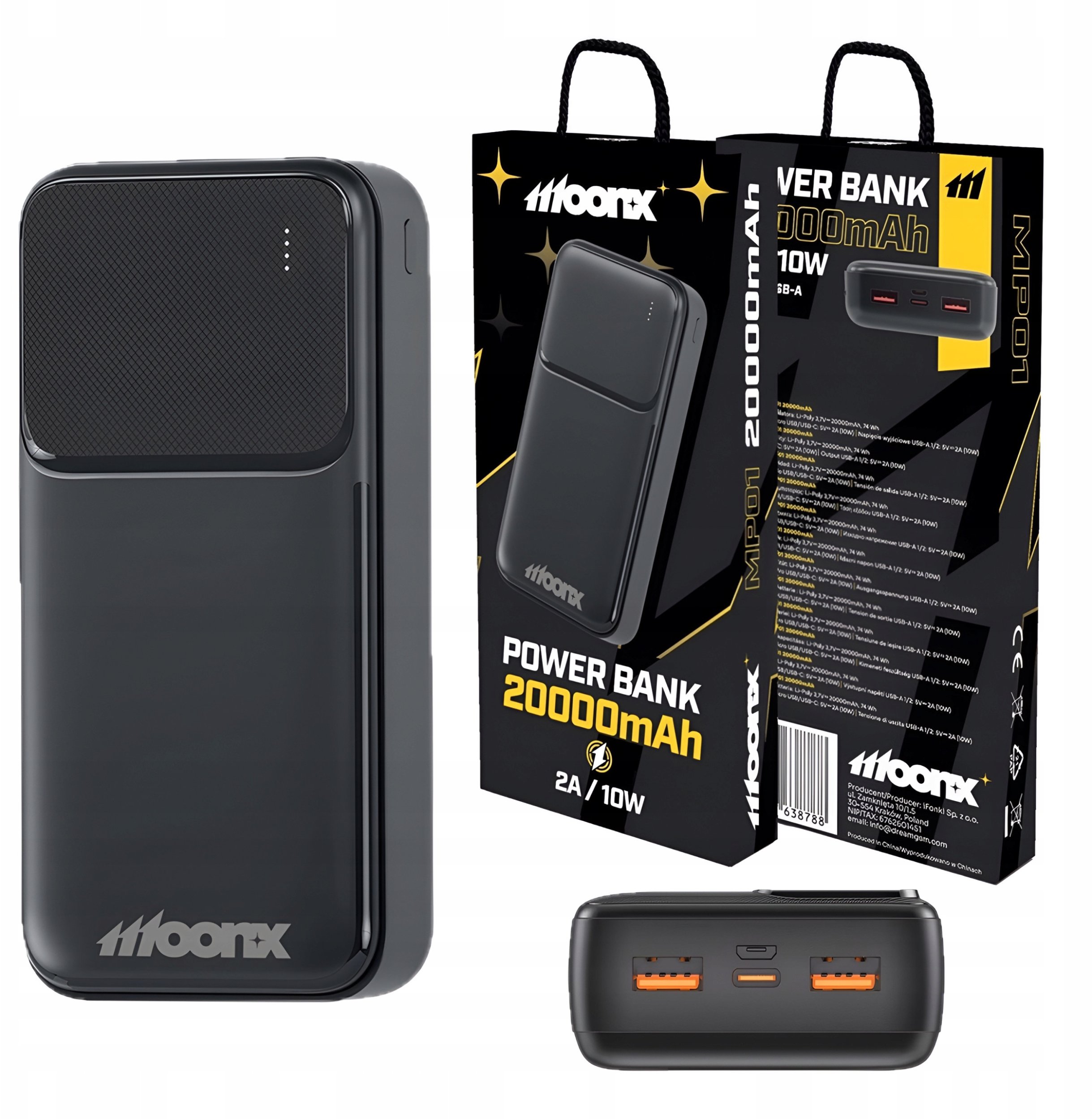 Powerbank 20000 mAh 2 x USB-A 2A 10W Czarny | Kabel USB-A Do USB-C 30 cm