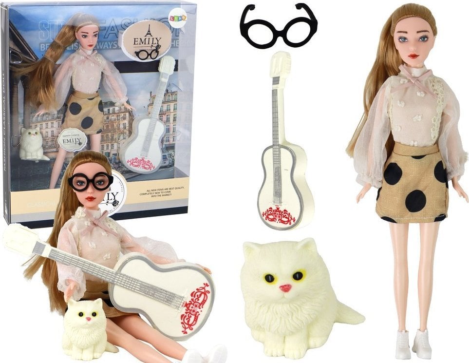 LeanToys Lalka Dla Dzieci Emily z Gitarą Okulary Długie Blond Włosy Kotek