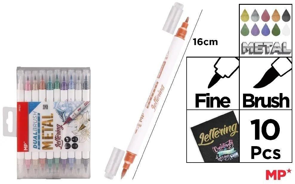 Markery pędzelkowe metaliczne dwustronne 10 kol
