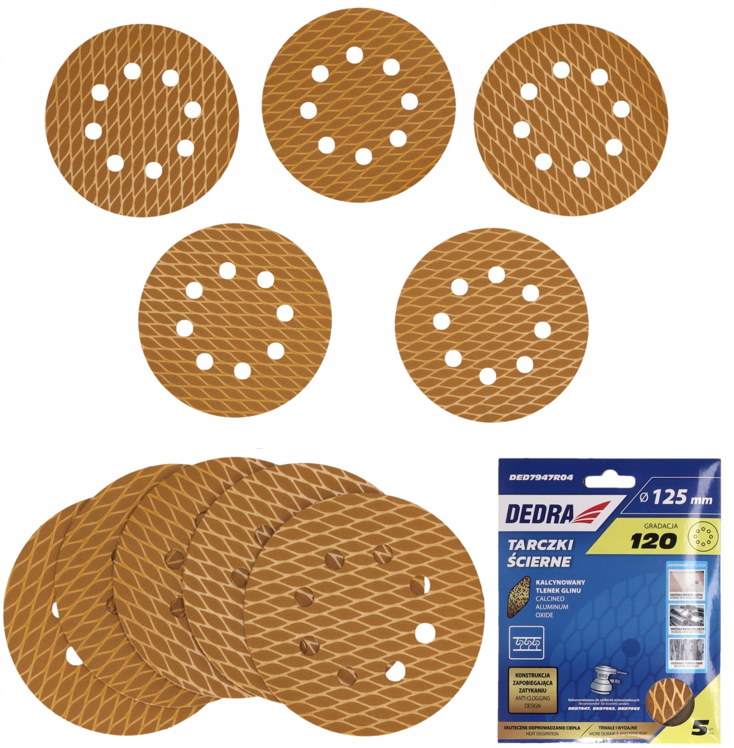 Tarczki ścierne Anti-clog 125mm, #120, rzep, zestaw 5szt