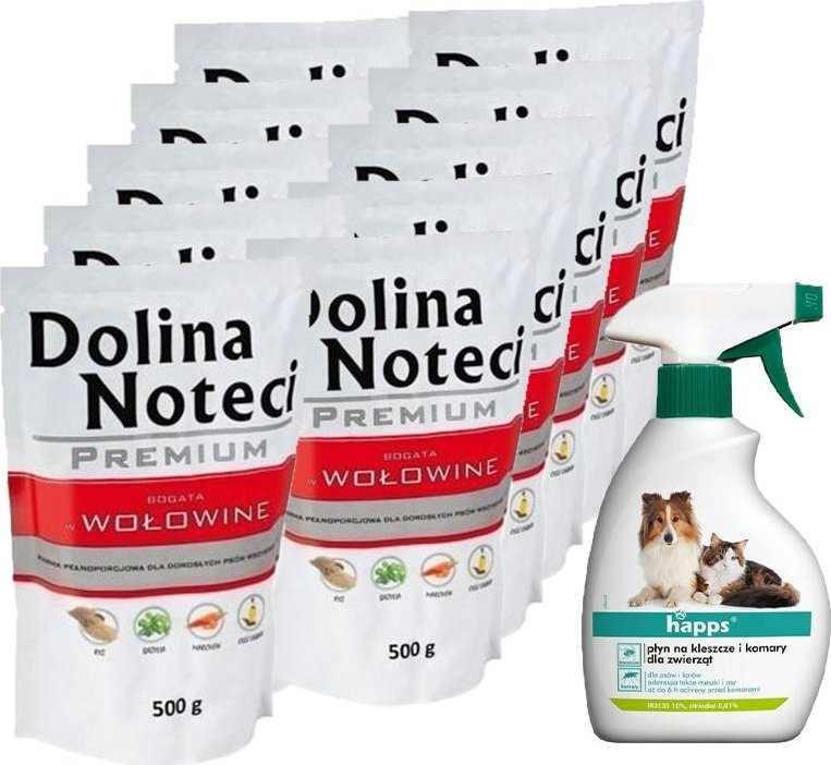 Dolina Noteci Dolina Noteci PREMIUM bogata w wołowinę 10x500g + HAPPS - płyn na kleszcze i komary dla zwierząt 200ml